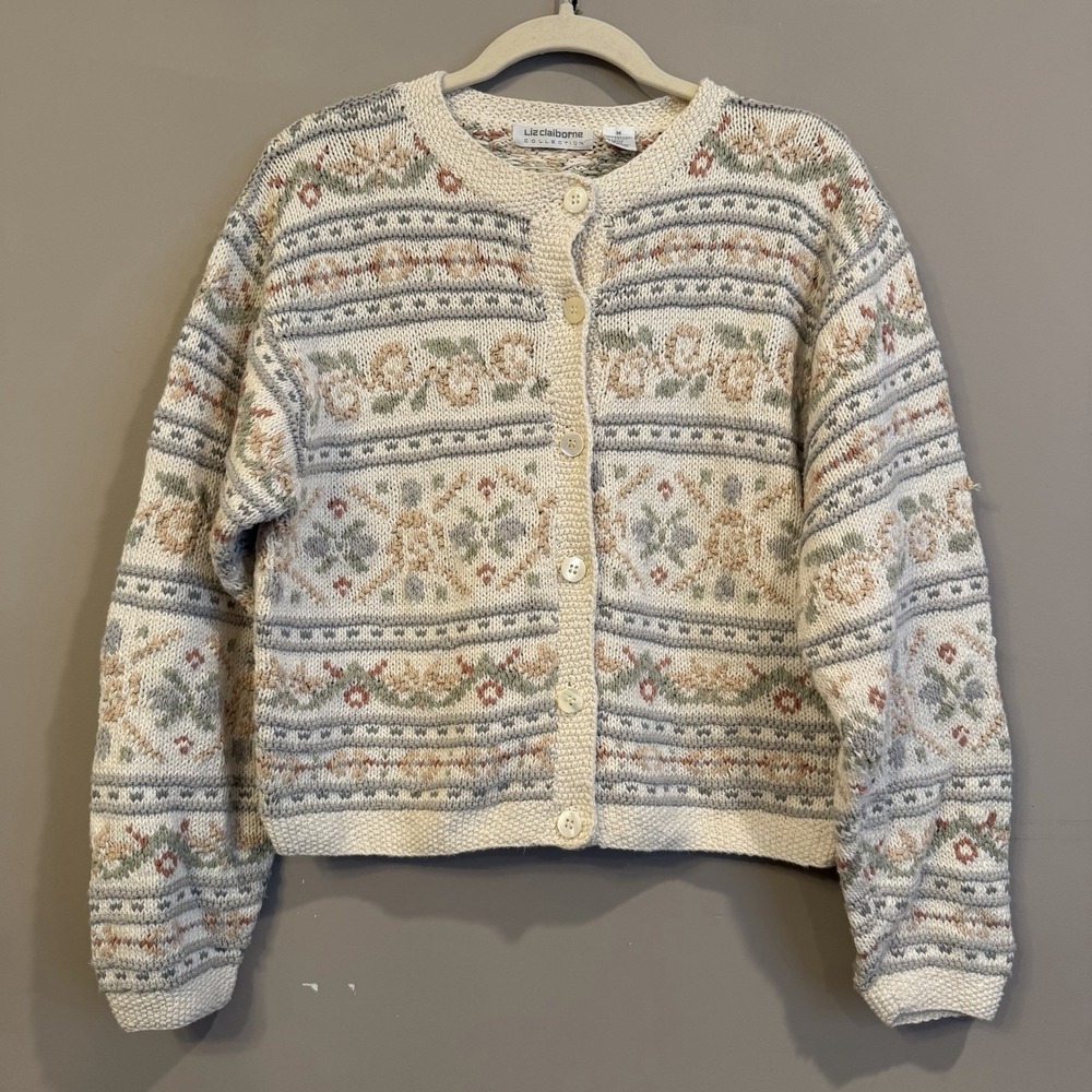 Vintage Liz Claiborne Pastels Fair Isle Chunky Knot Cardigan Grandmacore Med